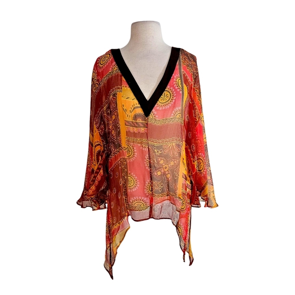 NWT Marina Rinaldi Orange-Red Tone Silk Handkerchief Hem Ostento Tunic